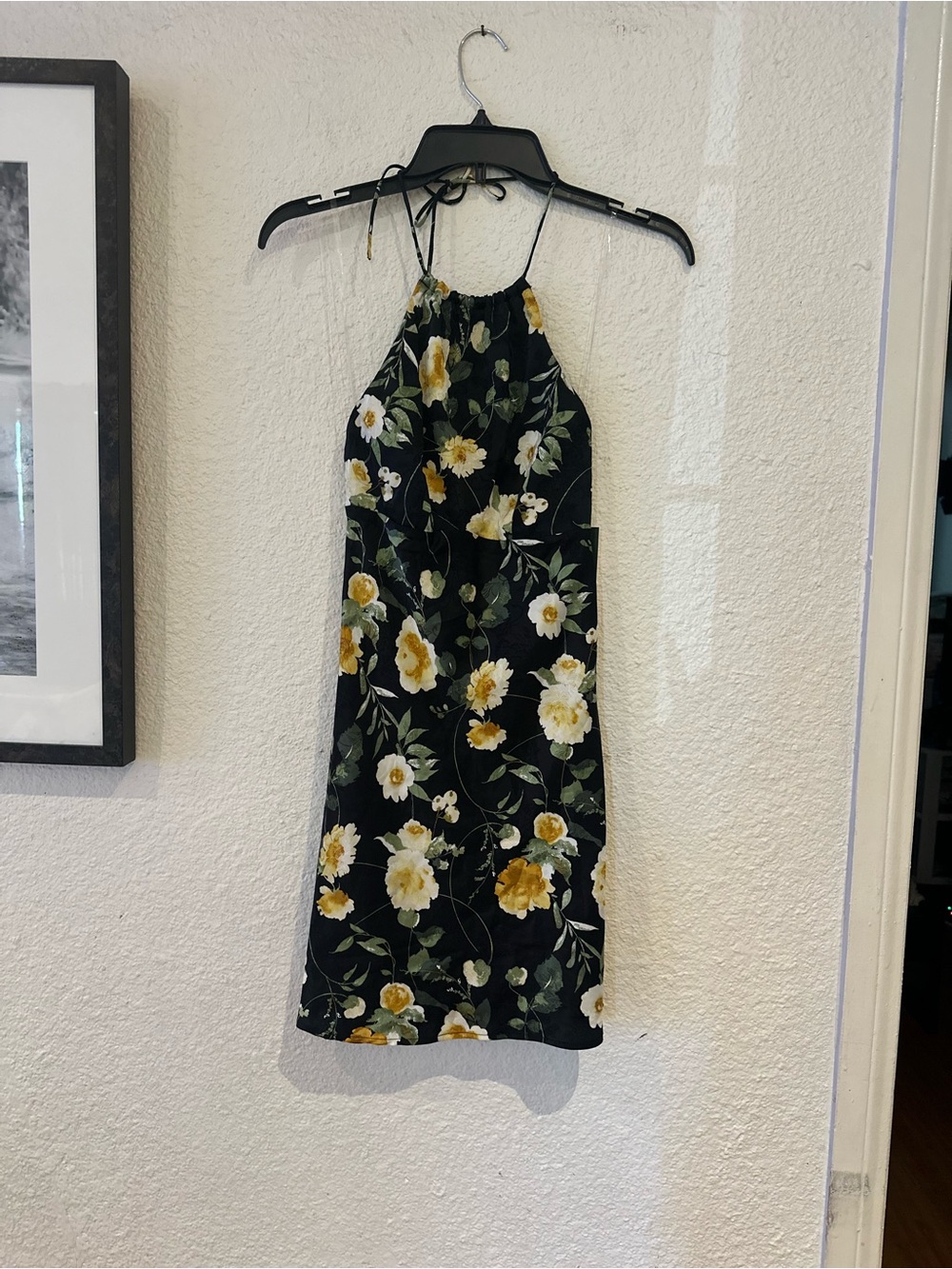 wild fable Black Halter Mini Dress with Yellow Floral Print